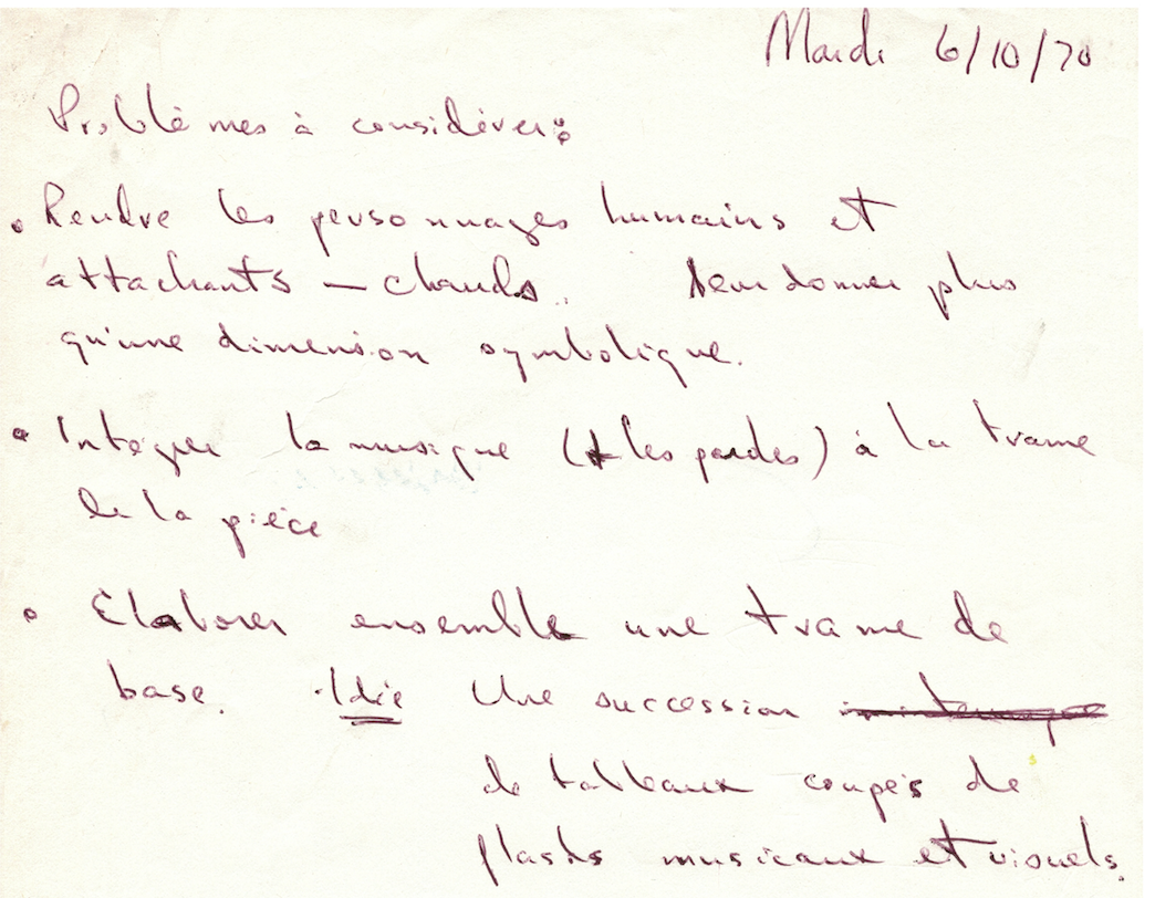 Notes du mardi 6 octobre 1970 (détail) [Pierre Bélanger], [« Problèmes à considérer »], notes manuscrites, feuille 8½ x 14, 6 octobre 1970 (détail). Collection privée (Pierre Bélanger).